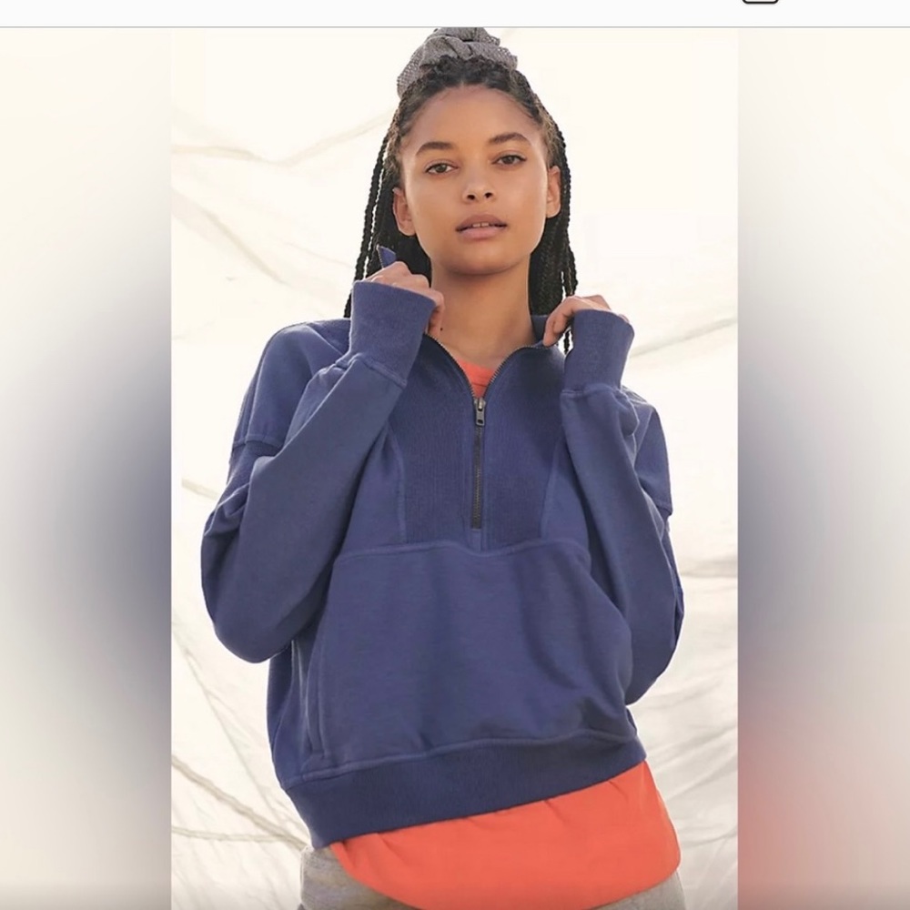 Free People Navy Half-Zip Pullover Sweatshirt